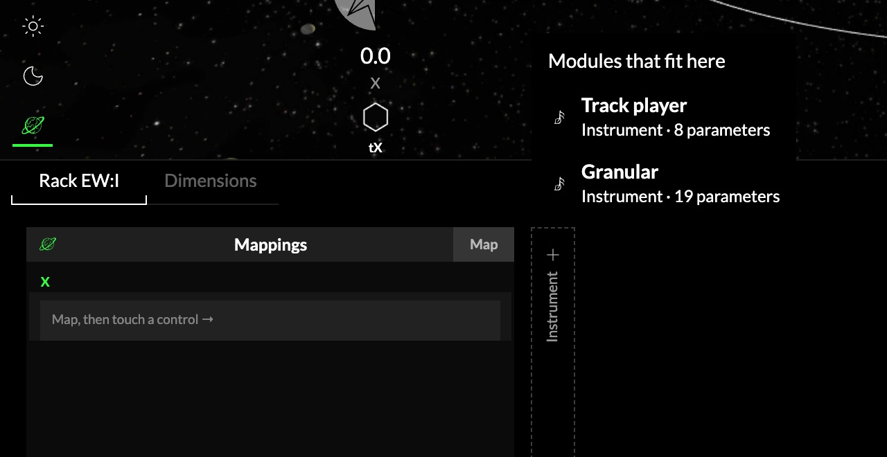 The empty Instrument slot of World I, with the Audio player and Granular in Modules that fit here.