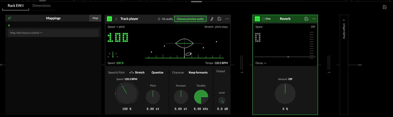 The rack of World I: Mappings, the Audio player, then the One Reverb.