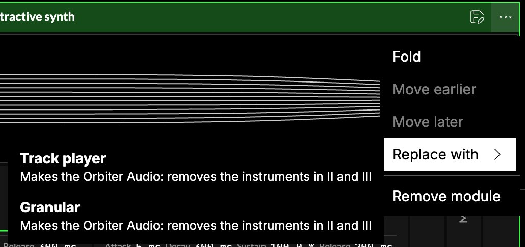 The Replace menu of World I's synth: the Audio player and Granular each make the Orbiter Audio and remove the instruments in II and III.