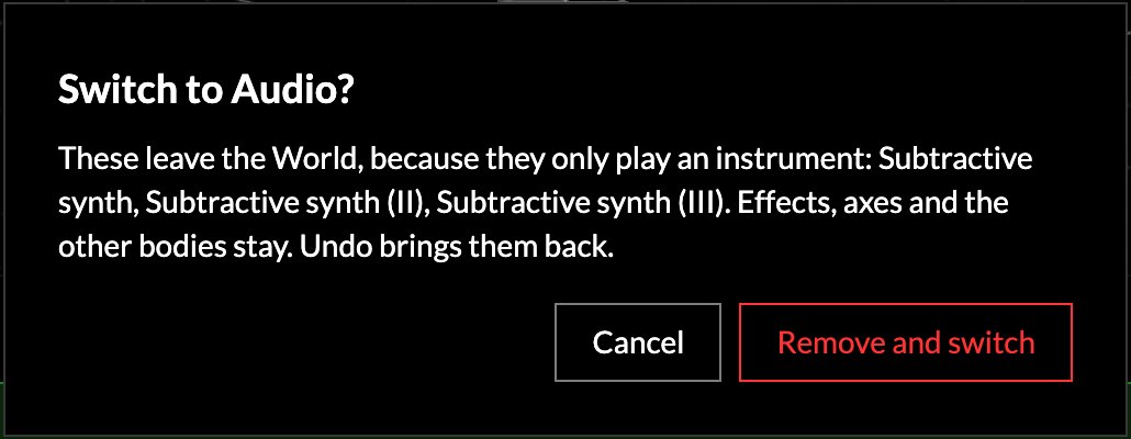 The Switch to Audio dialog, naming the synths that leave World I, II and III.