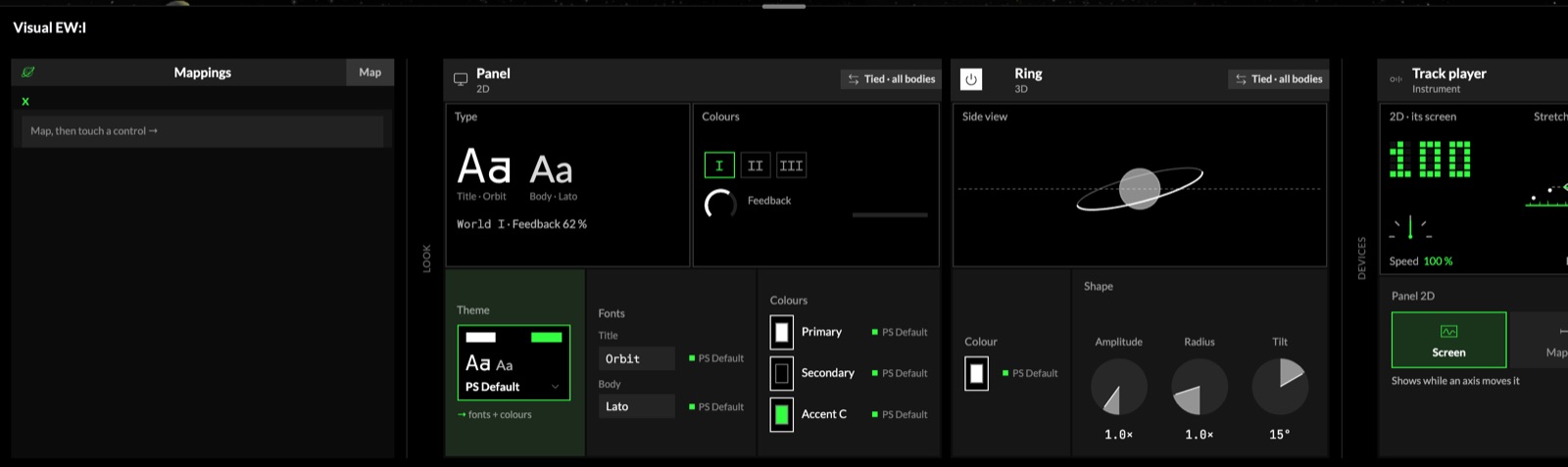 El paso Visual: el tema, las fuentes y los colores del Panel, el color y la forma del Ring, y el Audio player en Devices.