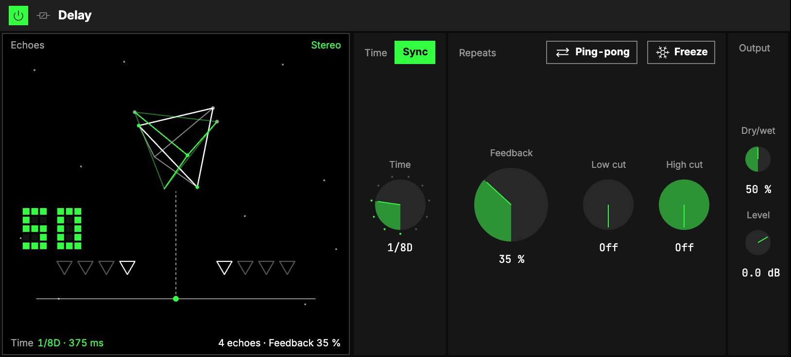 The Delay playing at Dry/wet 50 %: the Echoes screen, then Time, Repeats and Output.