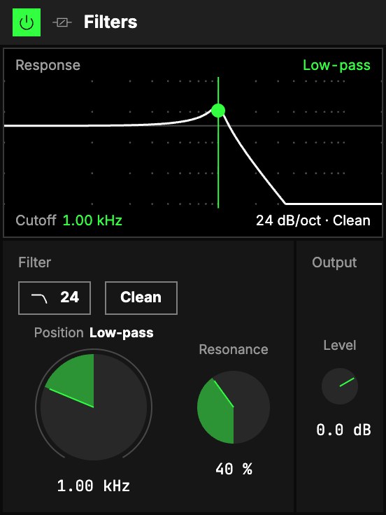 Filters closing a low-pass at 1 kHz, 24 dB/oct, Clean, Resonance 40 %: the Response screen, then Filter (Slope, Character, Position, Resonance) and Output.