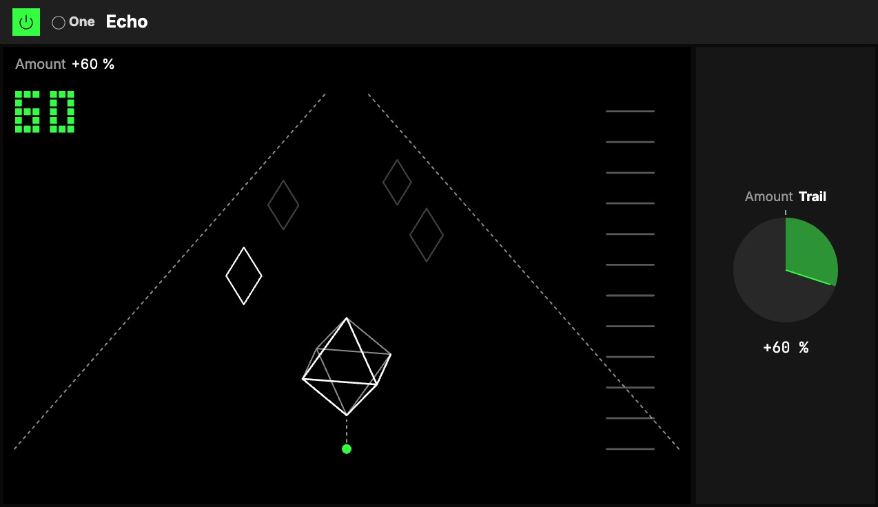 The One Echo at Amount 60 %: echoes climbing the corridor on the Echoes screen, beside the Amount knob.