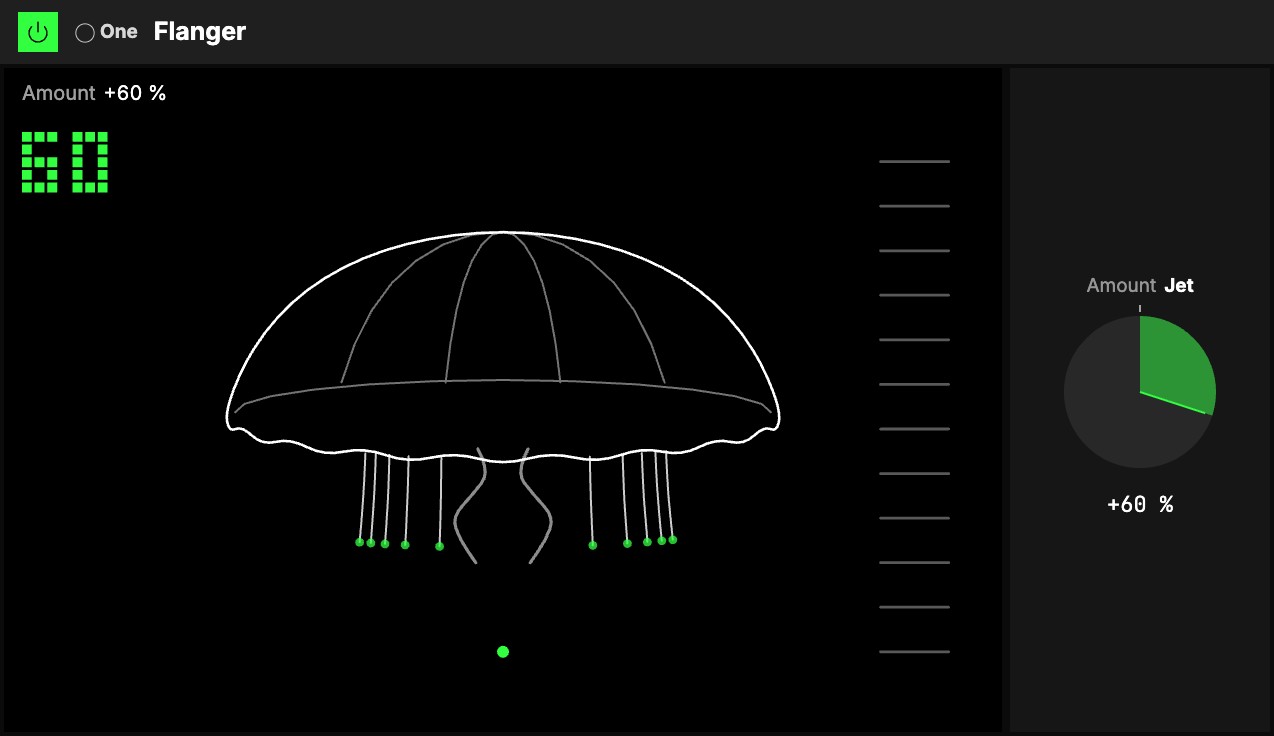 The One Flanger at Amount 60 %: a jellyfish with long tendrils on the Sweep screen, beside the Amount knob.