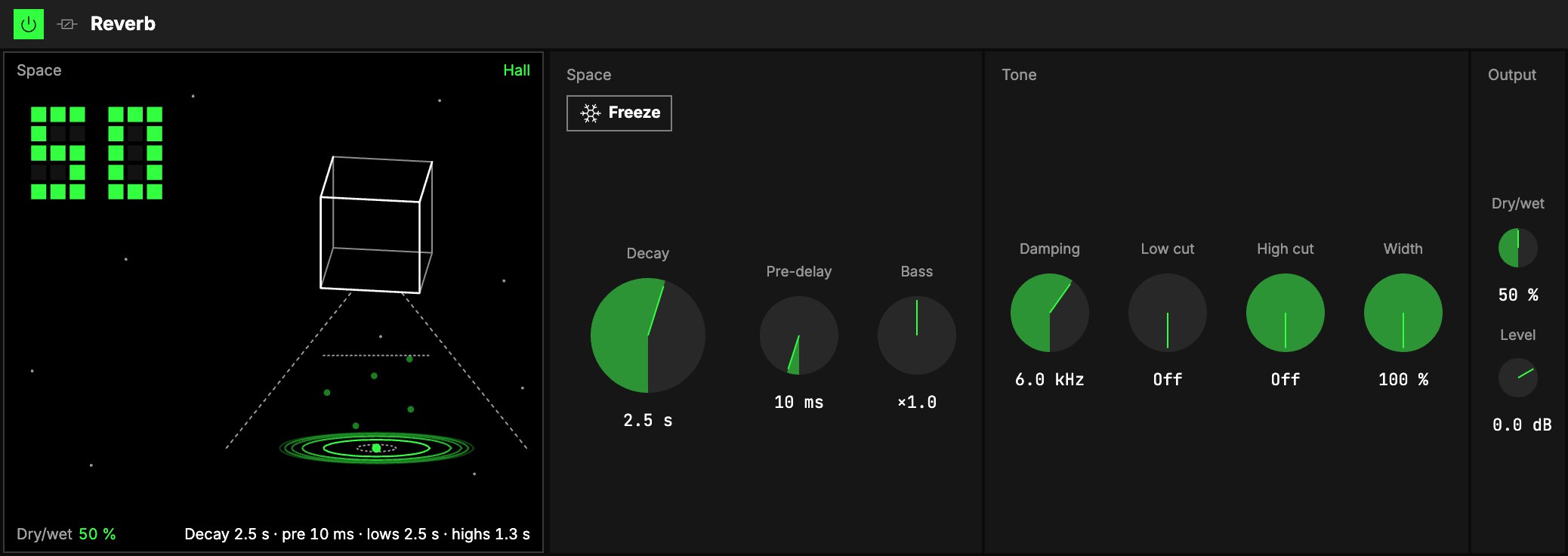 The Reverb playing at Dry/wet 50 %: the Space screen, then Space (Freeze, Decay, Pre-delay, Bass), Tone and Output.