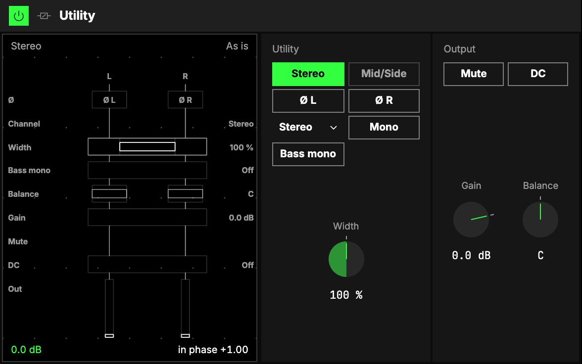 The Utility as it loads, in Stereo mode: the signal-flow screen, then Utility (Mode, Ø L and Ø R, Channel, Mono, Bass mono, Width) and Output (Mute, DC, Gain, Balance).