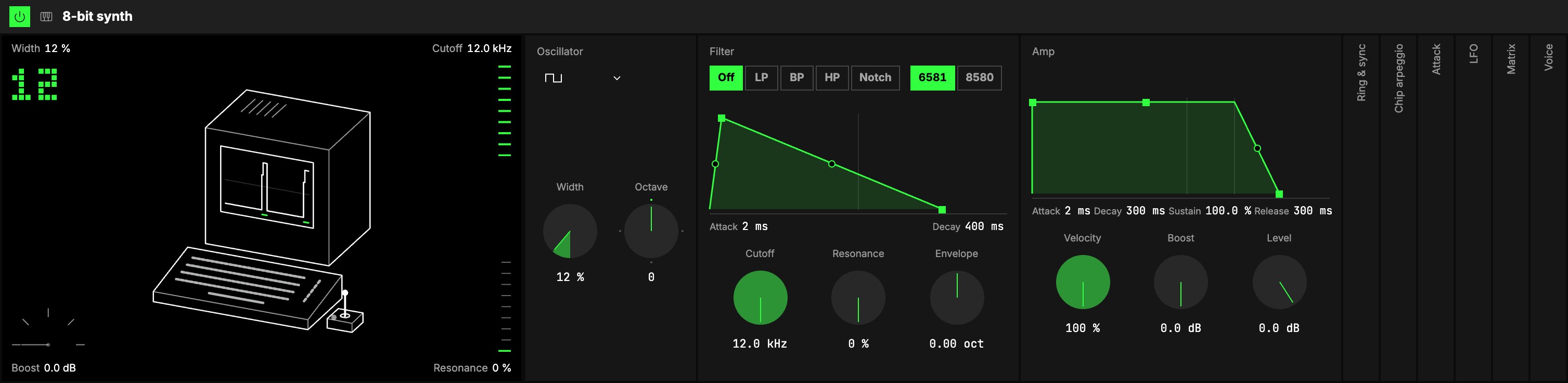 The 8-bit synth set as a pulse lead: the home computer screen, then Oscillator (Wave, Width, Octave), Filter (Mode, Chip, its envelope and knobs), Amp with its envelope, and Ring & sync, Chip arpeggio, Attack, LFO, Matrix and Voice folded.
