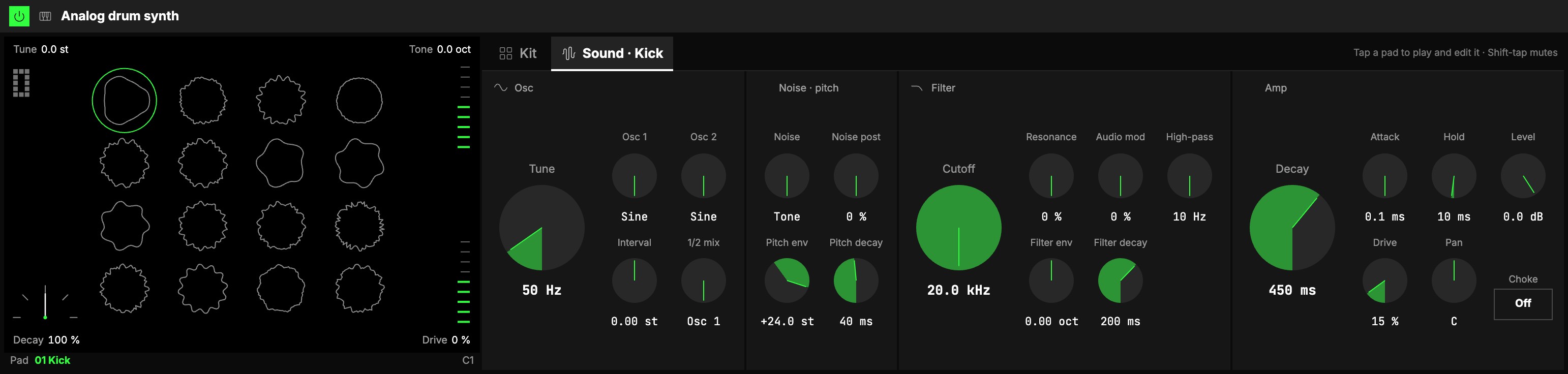The Analog drum synth with the kick selected and the Sound tab open: the kit screen with its sixteen rings between Tune and Decay on the left and Tone and Drive on the right, the Kit and Sound tabs, then Osc, Noise · pitch, Filter and Amp, with Choke at the end.