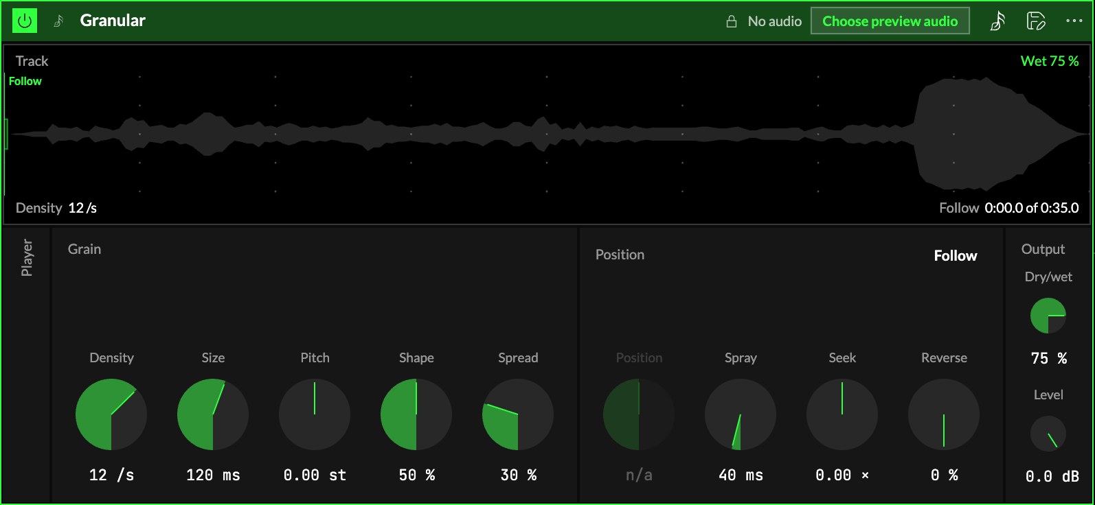 Granular as it loads, following the track: the Track screen with the waveform, the Player group folded, then Grain (Density, Size, Pitch, Shape, Spread), Position (Follow or Hold, Position, Spray, Seek, Reverse) and Output.