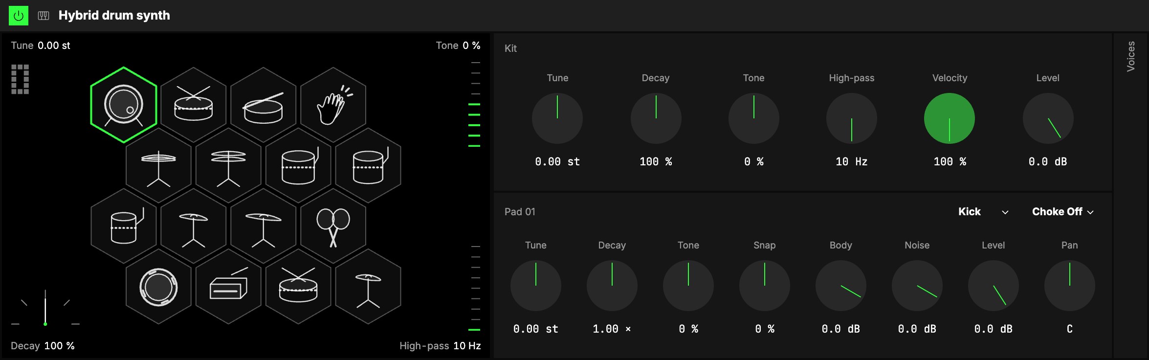 The Hybrid drum synth with the kick selected: the kit screen with its sixteen hexagons between Tune and Decay on the left and Tone and High-pass on the right, then Kit (Tune, Decay, Tone, High-pass, Velocity, Level), Pad 01 with its type and choke menus and eight knobs, and Voices folded.