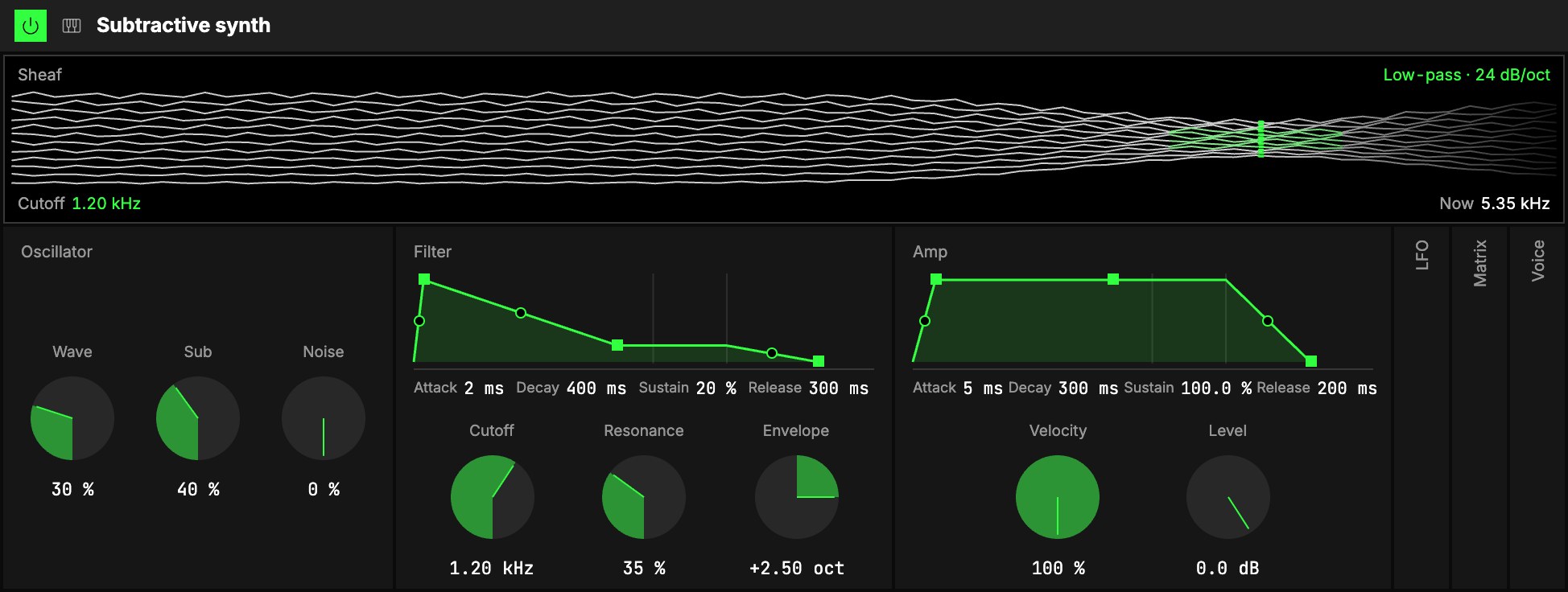 The Subtractive synth set as a plucked bass: the Sheaf screen, then Oscillator (Wave, Sub, Noise), Filter with its envelope, Amp with its envelope, and LFO, Matrix and Voice folded.