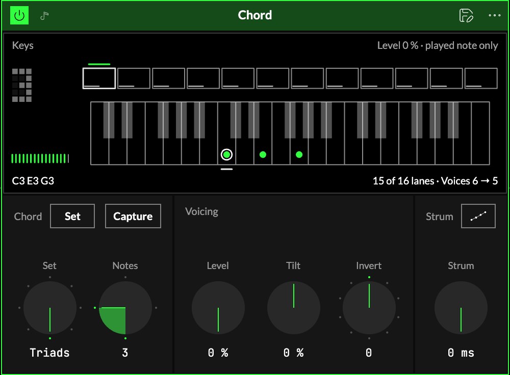 Chord as it loads, on the Triads set with the chord on C shown: the Keys screen under the set's twelve chords, then Chord (Set, Capture, the set and Notes), Voicing (Level, Tilt, Invert) and Strum.
