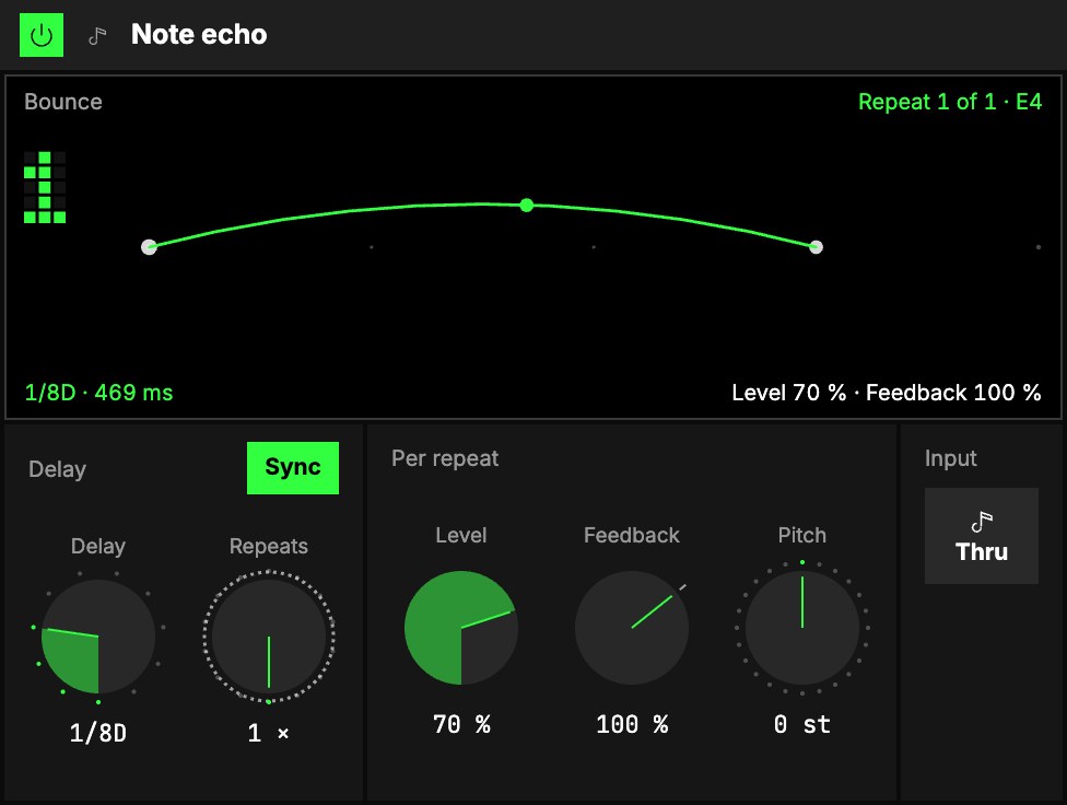 Note echo as it loads, Level at 0 %: the Bounce screen, then Delay, Per repeat and Input.