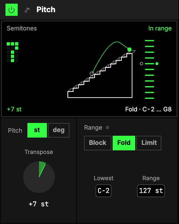Pitch at +7 st, Fold, full range: the Semitones screen with its staircase, then Pitch (st or deg, Transpose) and Range (Block, Fold or Limit, Lowest, Range).