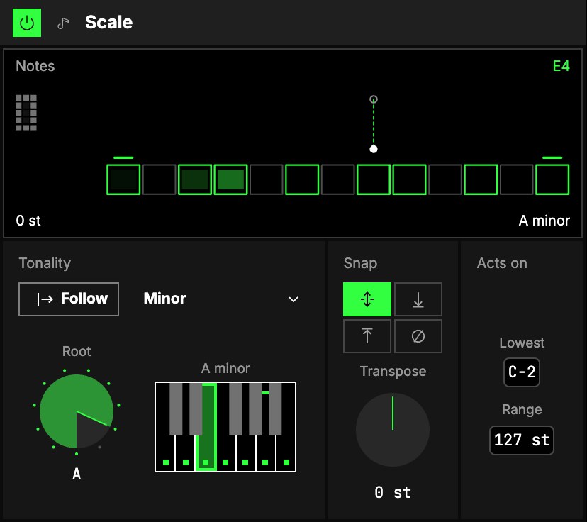 Scale on its own A minor: the Notes screen, then Tonality (Follow, the Scale menu, Root and the keys), Snap with Transpose, and Acts on (Lowest, Range).