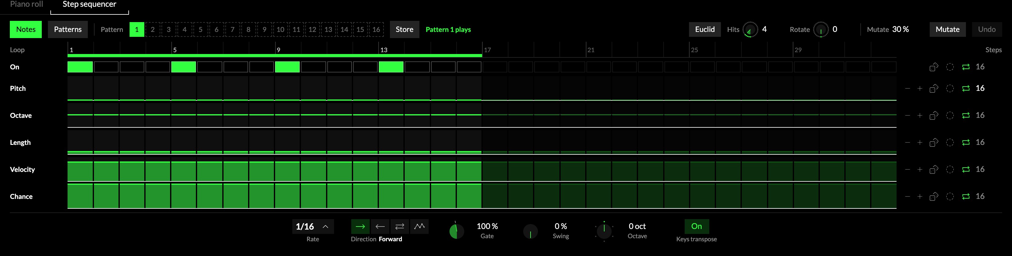 The Step sequencer's play surface in Notes: the Notes and Patterns switch with the strip of sixteen patterns and Store, Euclid and Mutate on the same line, the loop ruler, the six lanes with their tools at the right, and the playing controls underneath.