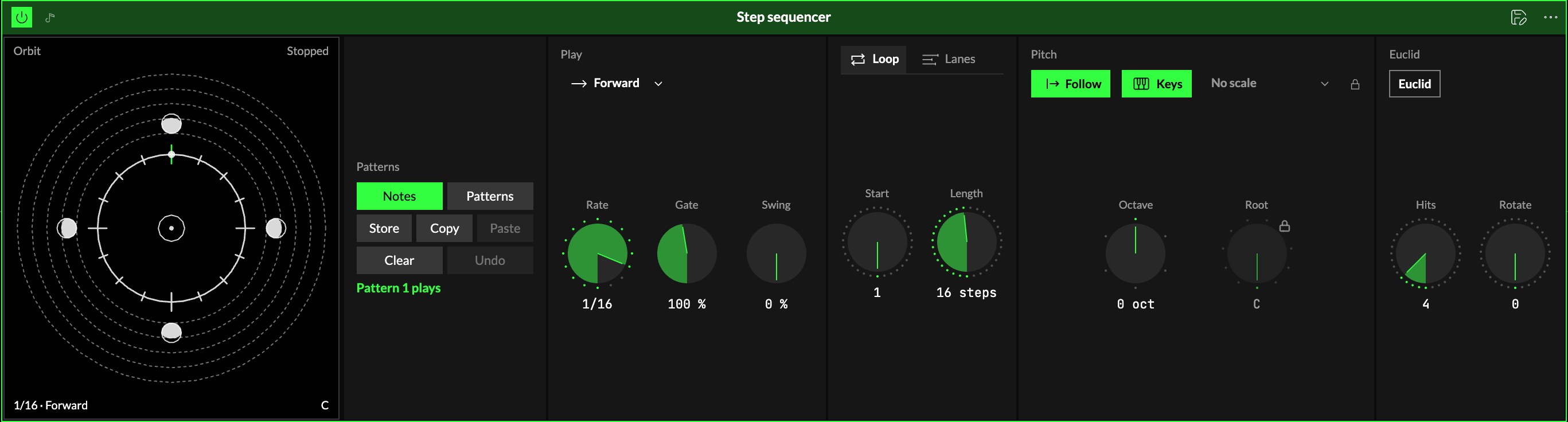 The Step sequencer's module in the Studio: the Orbit screen, the Patterns tile, then Play (Direction, Rate, Gate, Swing), Loop (Start, Length) with its Lanes tab, Pitch (Follow, Keys, Scale, Octave, Root) and Euclid (Hits, Rotate).