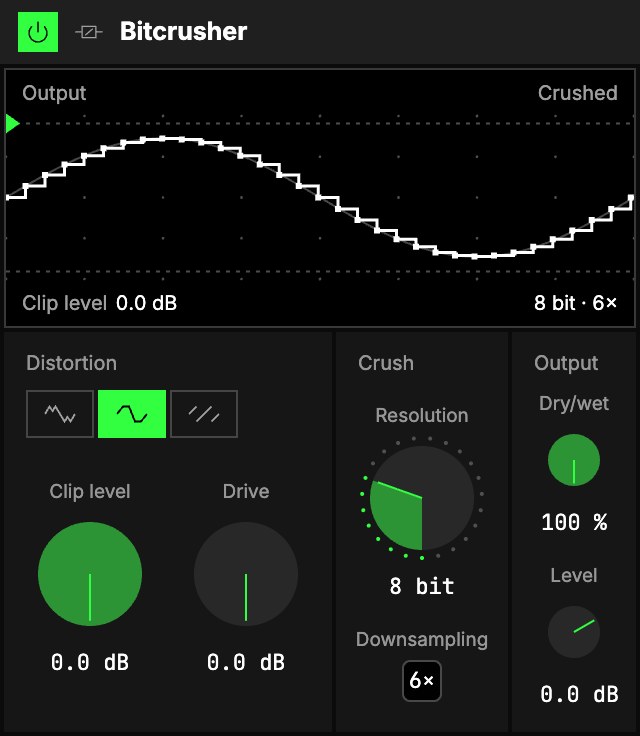 The Bitcrusher at 8 bit, Downsampling 6×, Clip mode: the Output screen, then Distortion (Mode, Clip level, Drive), Crush (Resolution, Downsampling) and Output.