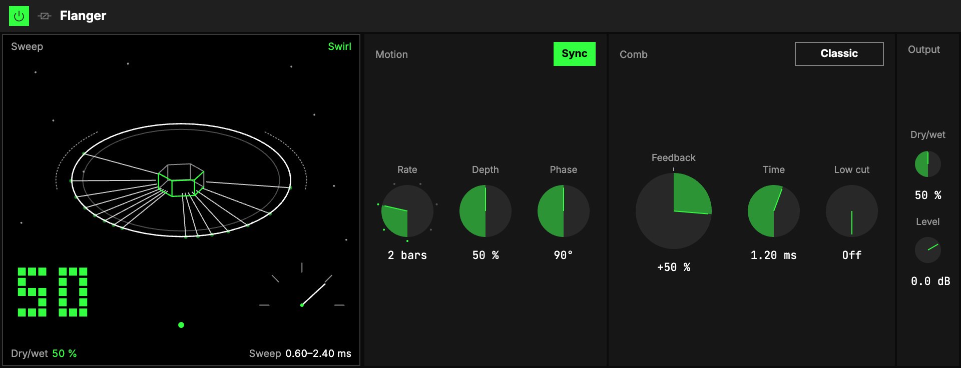 The Flanger playing at Dry/wet 50 %: the Sweep screen, then Motion, Comb and Output.