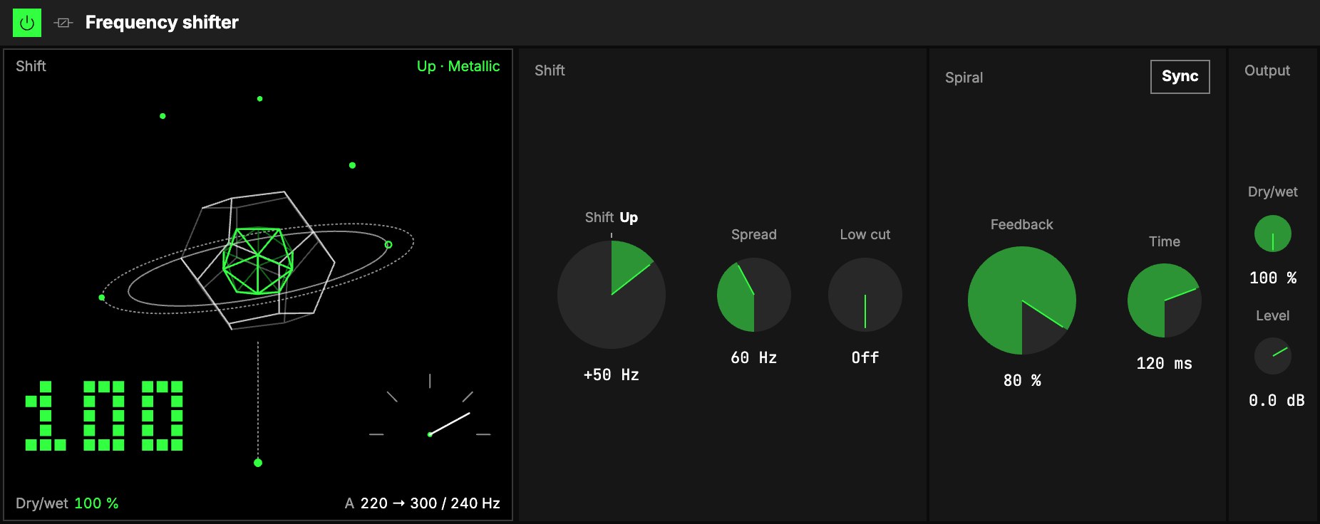 The Frequency shifter at Dry/wet 100 %, Shift +50 Hz, Spread 60 Hz and Feedback 80 %: the Shift screen, then Shift, Spiral and Output.