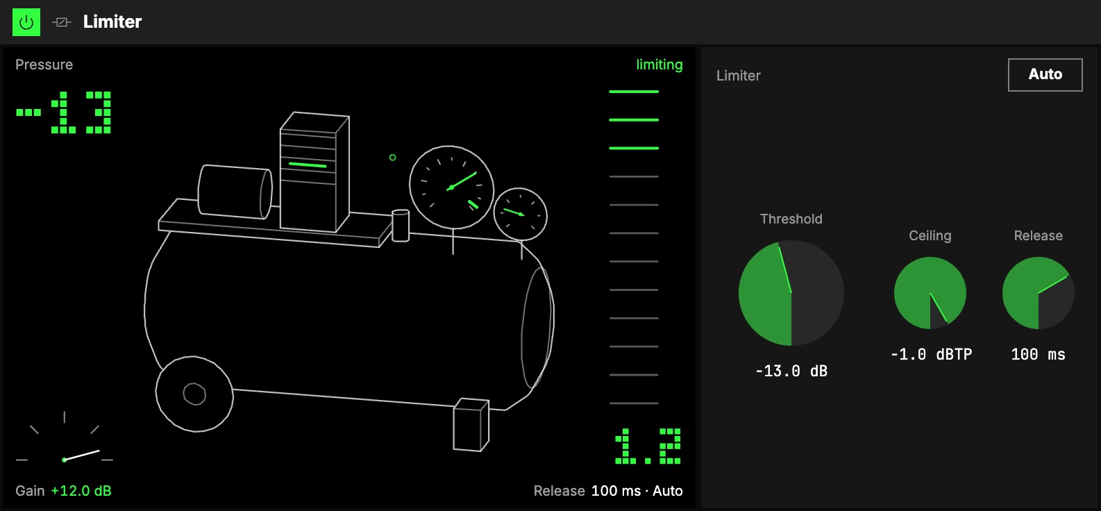 The Limiter at Threshold −13 dB on drums, limiting: the air compressor with its pump, big and small gauges and safety valve, the reduction ladder lit, then Threshold, Ceiling, Release and Auto.