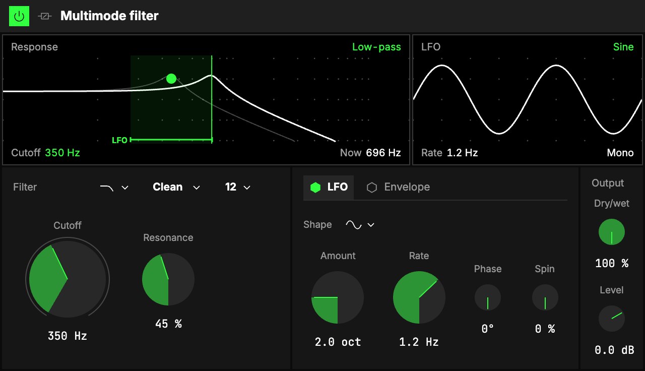 The Multimode filter as a low-pass at 350 Hz, Resonance 45 %, with the LFO on: the Response and LFO screens, then Filter (Type, Model, Slope, Cutoff, Resonance), the LFO and Envelope tabs, and Output.