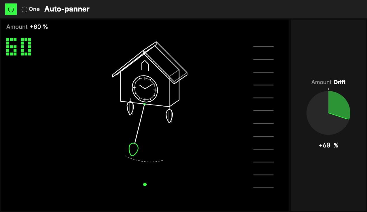 The One Auto-panner at Amount 60 %: a cuckoo clock with its pendulum on the Position screen, beside the Amount knob.