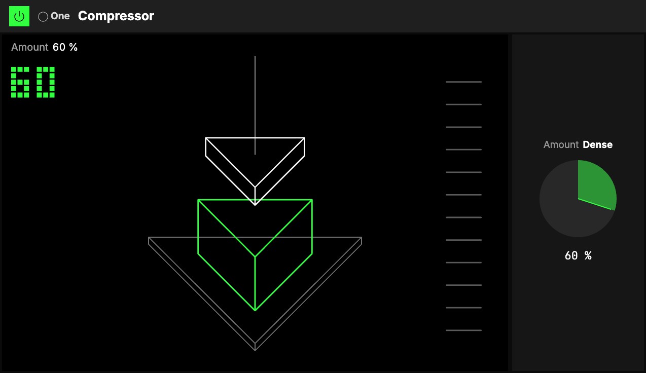 The One Compressor at Amount 60 %: the press over the block on the Reduction screen, beside the Amount knob.