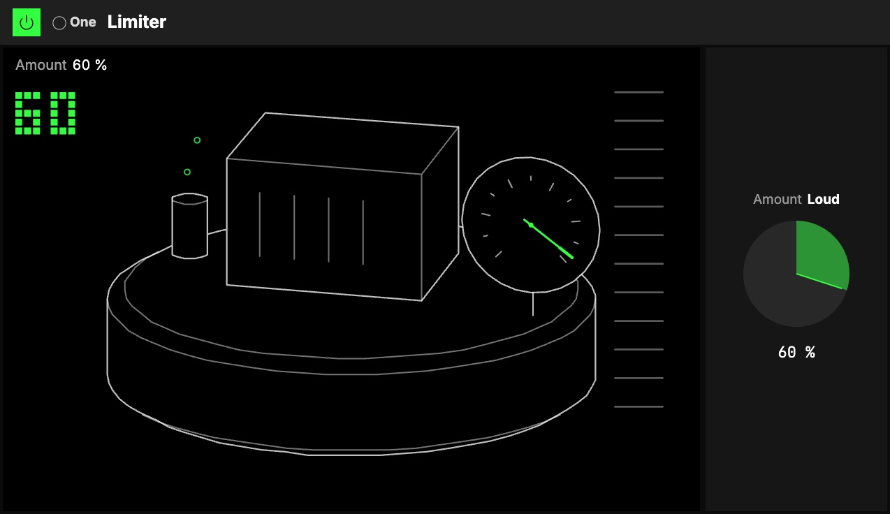 The One Limiter at Amount 60 % on drums: the pancake compressor with its gauge, safety valve and reduction ladder, beside the Amount knob.