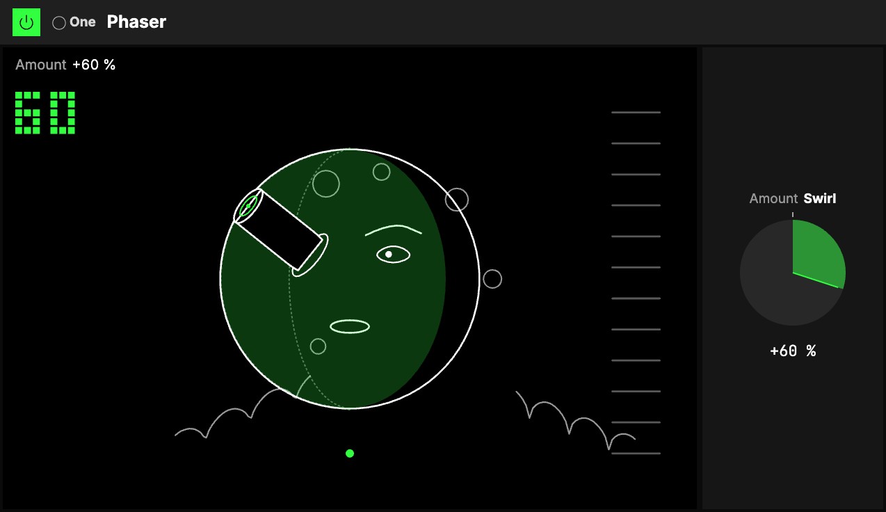 The One Phaser at Amount 60 %: the moon's face between two cloud banks on the Sweep screen, beside the Amount knob.