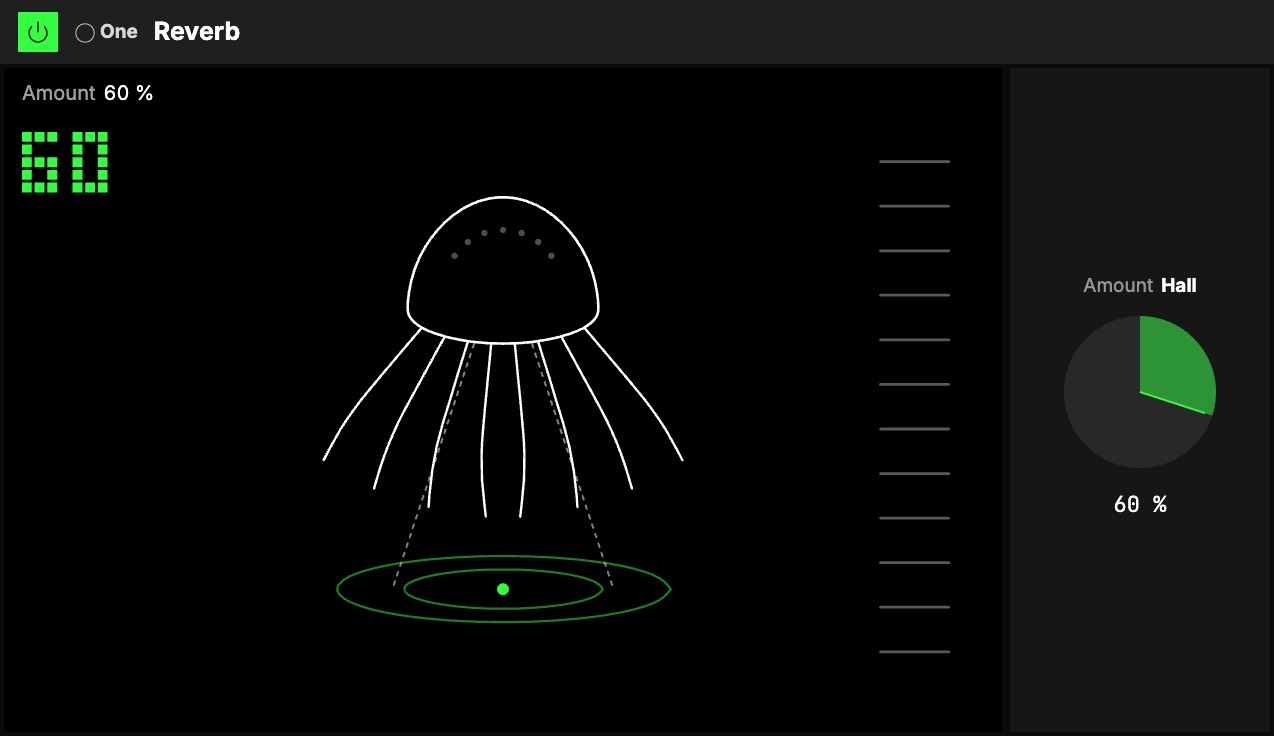 The One Reverb at Amount 60 %: an octopus reaching out over its echo rings on the Space screen, beside the Amount knob.