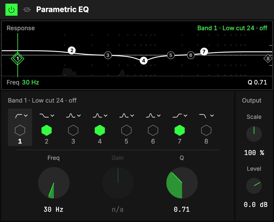 The Parametric EQ with a low shelf up, a bell cut at 750 Hz and a high shelf up: the Response screen, then the eight bands with their shape and switch, the selected band's Freq, Gain and Q, and Output.