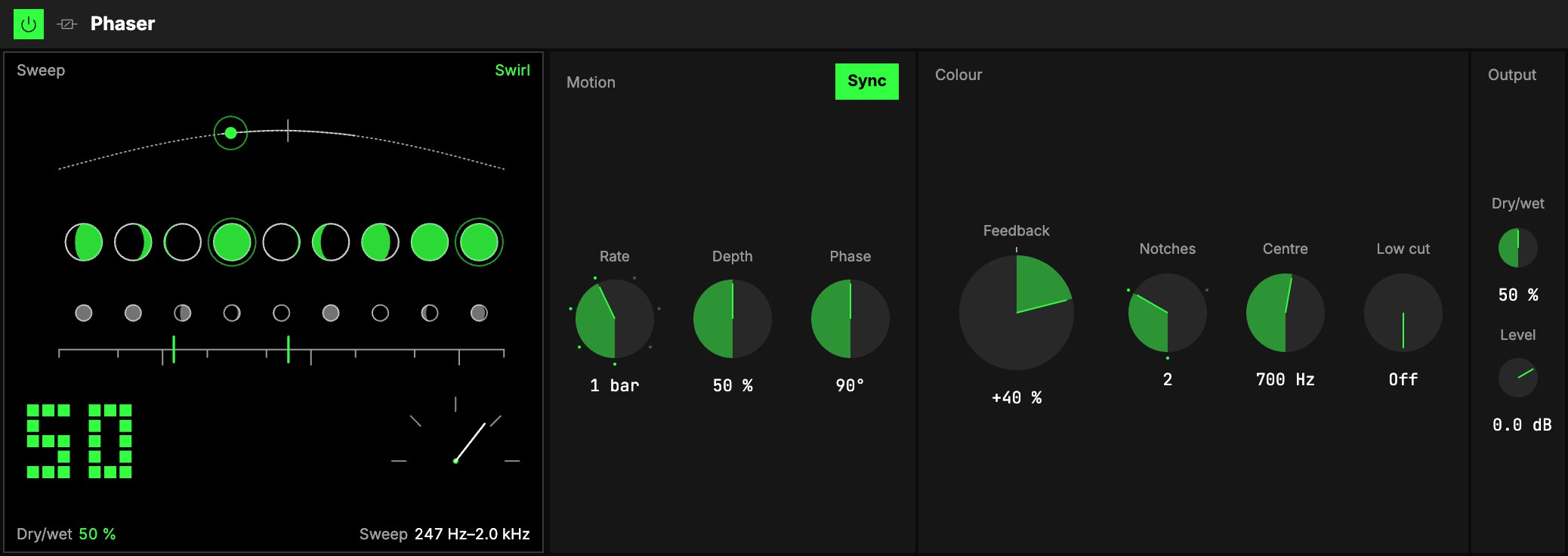 The Phaser at Dry/wet 50 %, synced at 1 bar: the Sweep screen, then Motion, Colour (Feedback, Notches, Centre, Low cut) and Output.