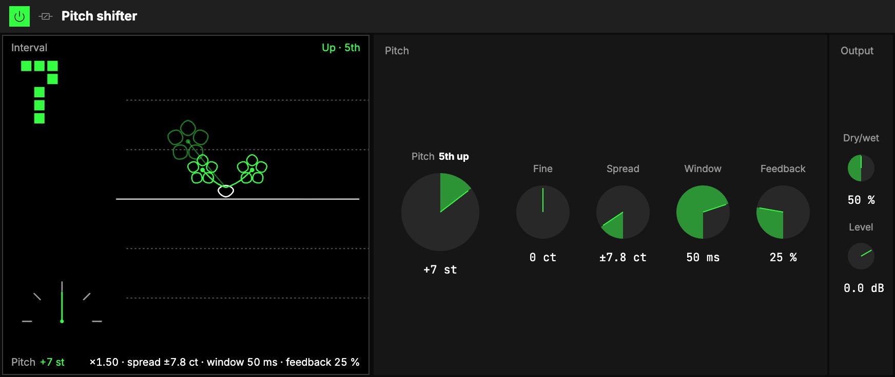 The Pitch shifter as an insert at +7 st, a fifth up, with a little Spread and Feedback: the Interval screen, then Pitch and Output.