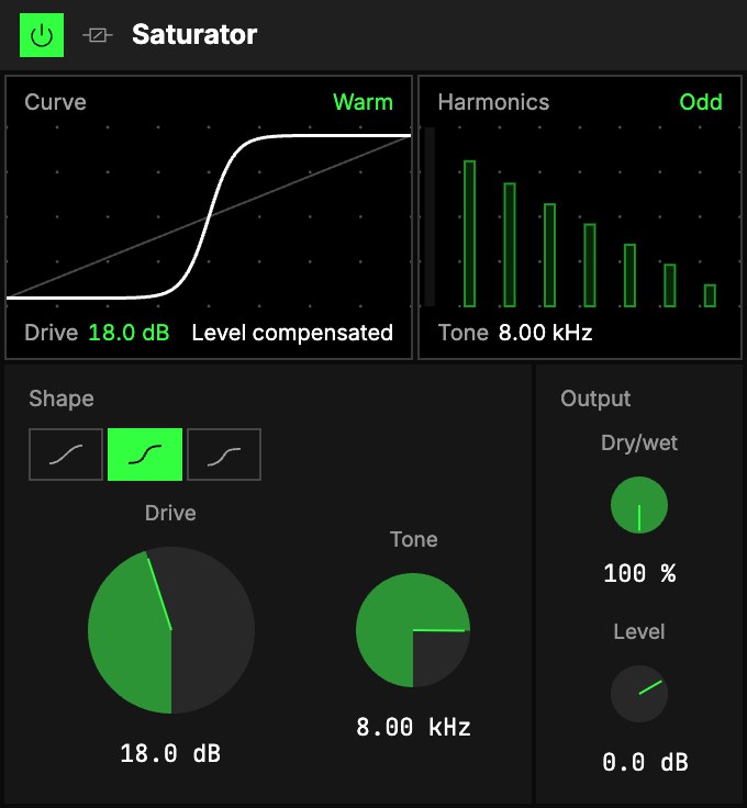 The Saturator at Drive 18 dB, Warm, on drums: the Curve and Harmonics screens, then Shape (Character, Drive, Tone) and Output.