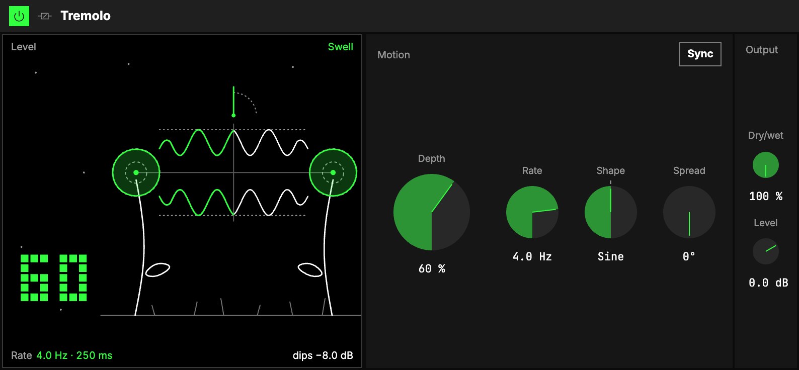 The Tremolo at Depth 60 %, Sine, 4 Hz: the Conversation screen, then Motion and Output.