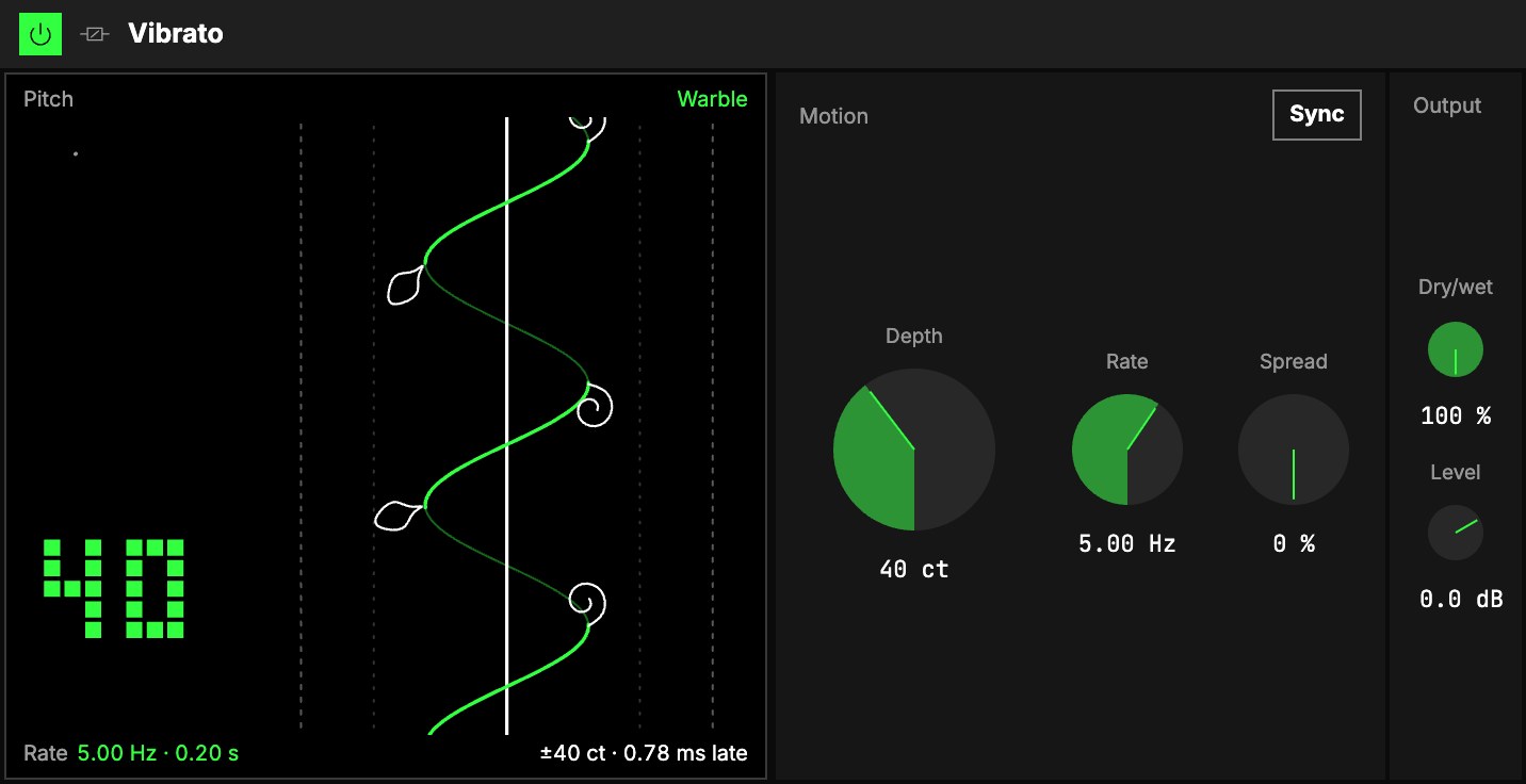 The Vibrato at Depth 40 ct, 5 Hz: the runner bean screen, then Motion and Output.