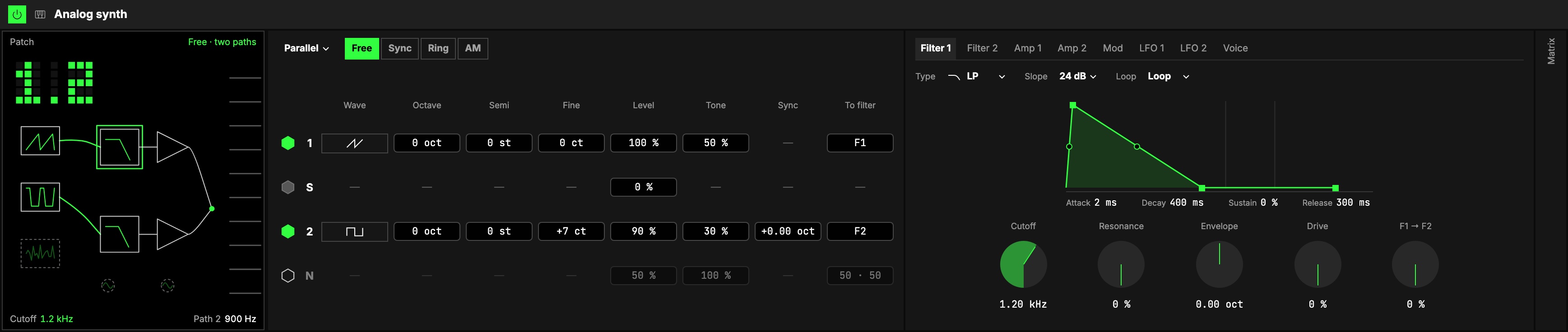 The Analog synth set as a two-path pad: the Patch on the screen with both paths lit, Routing on Parallel, the four sources as a table, the Filter 1 tab with its envelope and its knobs, and the folded Matrix.