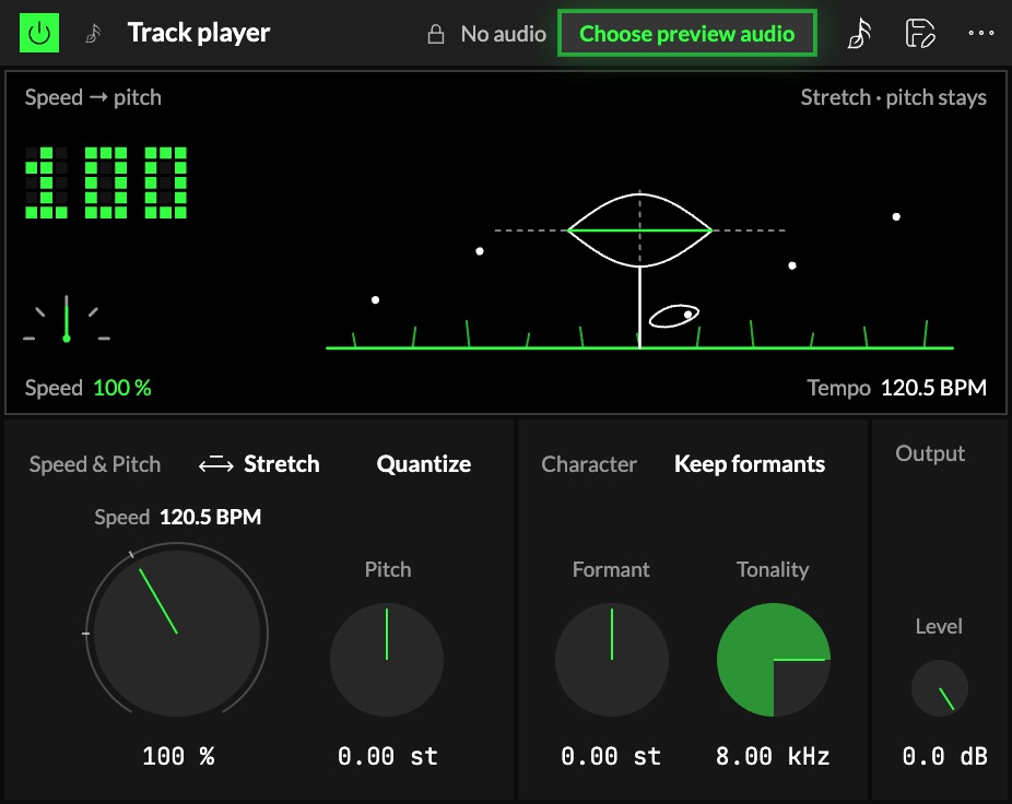 The Audio player as it loads: the screen with the speed readout, then Speed & Pitch, Character and Output.