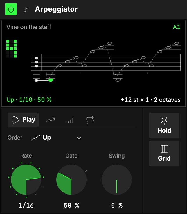 The Arpeggiator on a held chord, Up at 1/16 over two octaves: the Vine on the staff screen, then the Play tab (Order, Rate, Gate, Swing) and the Hold and Grid pads.