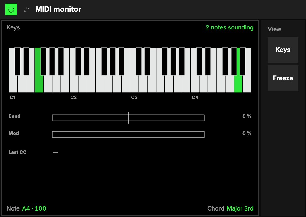 MIDI monitor in the Keys view while a piano phrase plays: the keyboard with the held keys lit, the note and chord readouts, then the View and Freeze pads.