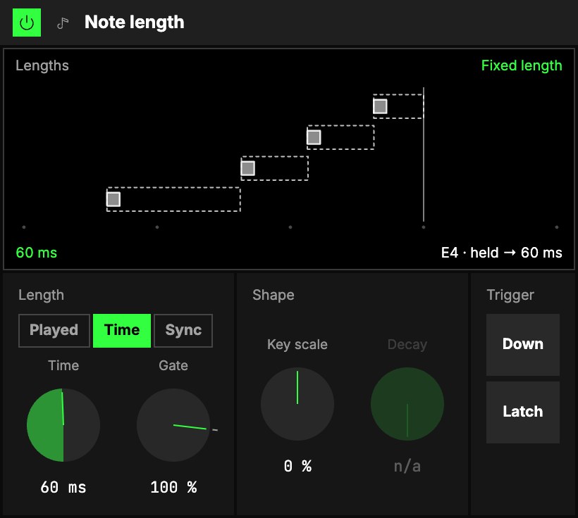 Note length at a fixed time of 60 ms: the Lengths screen, then Length (the Played, Time and Sync switch, Time, Gate), Shape (Key scale, Decay) and Trigger (Down or Up, Latch).