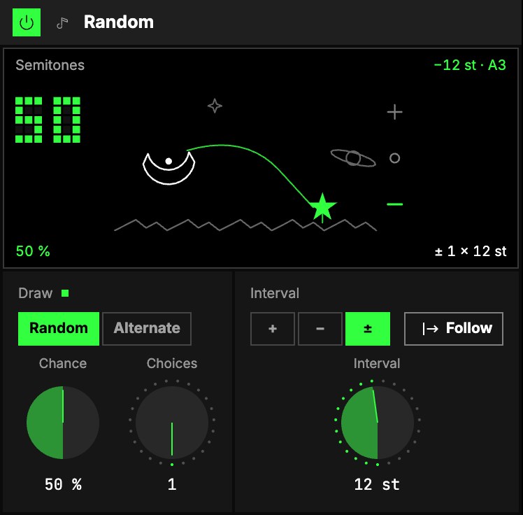 Random at Chance 50 %, ± 12 st: the dream screen, then Draw (Random or Alternate, Chance, Choices) and Interval (+, − or ±, Follow, Interval).