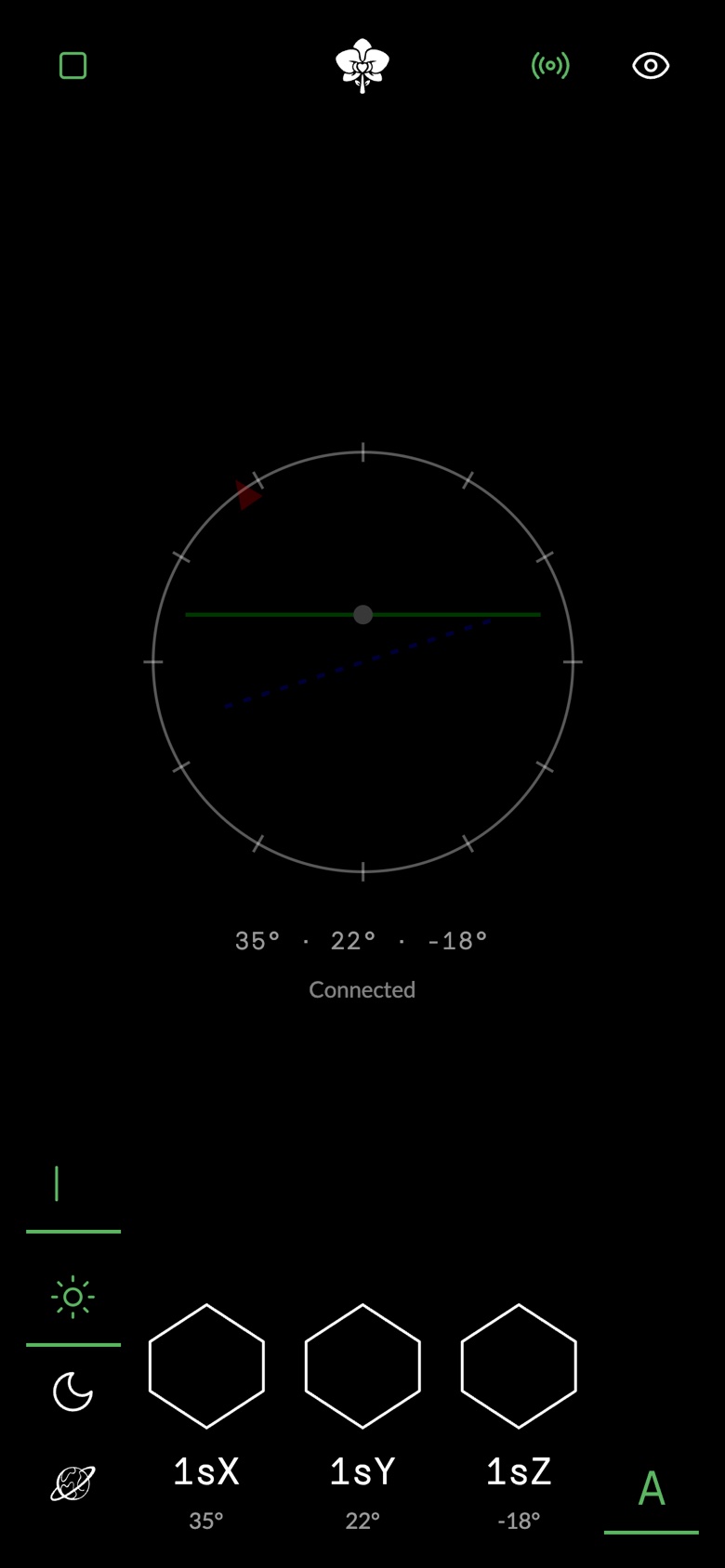 The phone remote with the Star picked: the Star's dimension I and its own sensor switches 1sX, 1sY and 1sZ, all off.