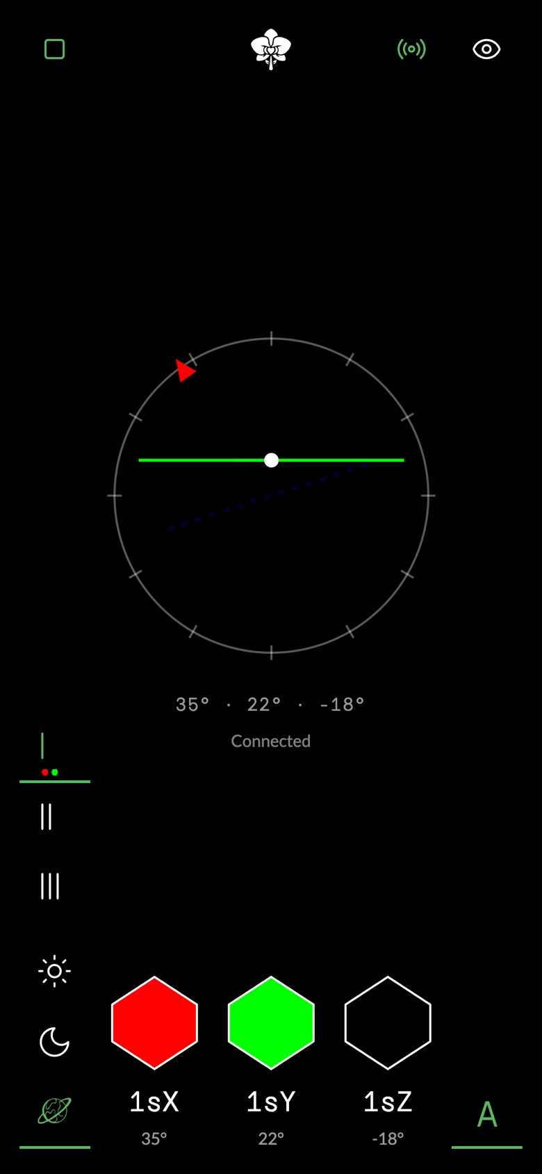 The phone remote: Start, pairing and Hide along the top, the tilt circle in the middle, the view rail bottom left, the X, Y and Z sensor switches along the bottom (X and Y on), and Orbiter A bottom right.